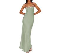 Sexy Satin Spaghetti Strap Floral Embroidered Maxi Dress for Women Sweetheart Neckline Backless Sleeveless Slit Midi Dress, Sage, L