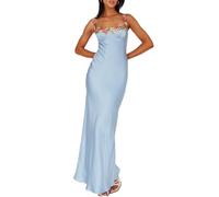 Sexy Satin Spaghetti Strap Floral Embroidered Maxi Dress for Women Sweetheart Neckline Backless Sleeveless Slit Midi Dress, Blue, S