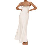 Sexy Satin Spaghetti Strap Floral Embroidered Maxi Dress for Women Sweetheart Neckline Backless Sleeveless Slit Midi Dress, Champagne, XL