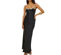 Sexy Satin Spaghetti Strap Floral Embroidered Maxi Dress for Women Sweetheart Neckline Backless Sleeveless Slit Midi Dress, Black, XS