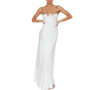 Sexy Satin Spaghetti Strap Floral Embroidered Maxi Dress for Women Sweetheart Neckline Backless Sleeveless Slit Midi Dress, White, XL