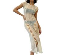 Sexy See Through Sheer Lace Maxi Dress Floral Lace Patchwork Backless Bodycon Long Dresses Beach Vacation Party Wear, Cap Shoulder Khaki, S