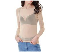 Sexy Shirts for Women Mesh Long Sleeve Top Transparent Crewneck Tshirt Solid Sheer T-Shirt Ladies Slim-Fit Shirt Trendy Dressy Tunic Tops Fashion See Through Teeshirts for Club Party 2026 Beige
