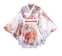 Sexy Short Kimono Costume Robe Satin Floral Patten Japanese Geisha Yukata Sleepwear Bathrobe Dress Obi Belt Outfit (81-White, Asia Size)