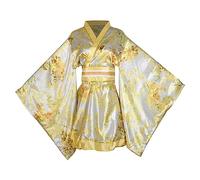 Sexy Short Kimono Dress Costume Japanese Geisha Yukata Floral Printed Gown Obi Belt Set Halloween Party Cosplay Party Outfit, 59# Yellow, One Size