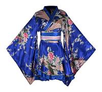 Sexy Short Kimono Dress Costume Japanese Geisha Yukata Floral Printed Gown Obi Belt Set Halloween Party Cosplay Outfit, 27# Royal Blue, One Size