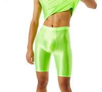 Sexy Silky Transparent Shorts Men's Underpants Shiny Boxer Shorts Men's Oil Shine Short Bodybuilding Leggings with Leg Compression Underwear, Green, L