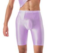 Sexy Silky Transparent Shorts Men's Underpants Shiny Boxer Shorts Men's Oil Shine Short Bodybuilding Leggings with Leg Compression Underwear, Purple, XXL