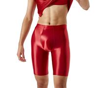 Sexy Silky Transparent Shorts Men's Underpants Shiny Boxer Shorts Men's Oil Shine Short Bodybuilding Leggings with Leg Compression Underwear, red, L