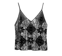 Sexy Sparkle Sequin Rhinestone Crop Cami Sleeveless Pearl Embellished Glitter Camisole Backless V Neck Vest Top(Black)