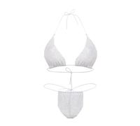 Sexy Sparkly Crystal Bikini Set Triangle Exotic Costume Swimsuit Glittering Rhinestone Swimwear Bathing Suit Top Thong Set, White