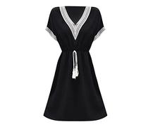 Sexy Summer Dresses for Women Summer Fashion Ladies Dress Lace Trim V Neck Belt Short Sleeve Dress Black