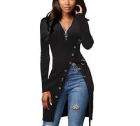 Sexy Sweaters for Women Long Sleeve Tunics Zip Up Ribbed Tops Knit Side Split Asymmetrical Blouse Top, Black1578, S
