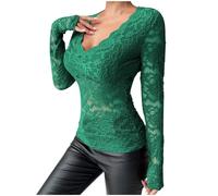 Sexy Tops for Women Floral Lace Long Sleeve Top Sheer See Through Transparent Mesh V Neck Blouses Slim Fit Party Club Night Shirt Cropped T-Shirt Casual Sexy Pullover Lightweight Top Ladies