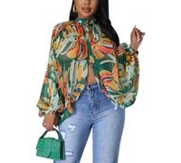Sexy Tops for Women Party Club Night Batwing Sleeve Chiffon Sheer Self Tie Back Front Open Women Shirts Casual Summer (Green Orange,L)