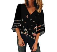 Sexy Tops for Women, Retro Lace Patchwork Bow V-Neck Three Quarter Blouses Top T-Shirt Ladies Plus Size Cute Hoodies Oversized Tshirts Trendy Loose Sweatshirts UK Linen Tops for Women UK Tees