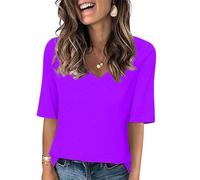 Sexy Tops for Women Short Sleeve Crewneck Work Business Tees Blouses Summer Causal Solid Shirt Loose Fit Purple L