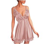 Sexy Underwear for Women Naughty Sets V Neck Backless Lace Trimmed Satin Nightdress Ladies Erotic Outfits UK Nightwear Nighties Negligees Chemise for the Bedroom Pink