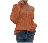 Sexy V Neck Sweaters for Women Off Shoulder Jumper Long Sleeve Lightweight Knit Top Casual Loose Fit Fall Pullover Sweater Brown