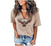 Sexy V Neck T Shirts for Women Tie Dye Hollow Out Blouse Tops Summer Loose Casual Shirt Country Music Graphic Tee Shirts, Khaki/Free Bird, M