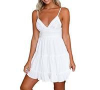 Sexy V-Neck Tie Knot Back Dress for Petite Women Adjustable Spaghetti Strap Casual Short Dresses Summer Beach Swing Ruffle Tiered A-Line Mini Sundress My Orders Sale Clearance Deals White