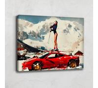 Sexy Woman Picture with Frame - Sports Car Canvas - Snow Mountain Wall Decoration - Canvas Print on Landscape Wall - Picture for Cottage - Idea Deco Adult Bedroom (80 x 60 cm)