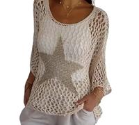 Sexy Women Knitwear Cutout Knit Top Women's O-neck 3/4 Sleeve Crochet with Hollow Out Fishnet Star Pattern Mesh Swimsuit Apricot M