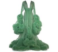 Sexy Women See-Through Feather Robe Long Sleeve Tulle Lingerie Robe Party Sleepwear with Ruffle Trim Mesh Sheer Lace Nightwear Kimono Dressing Gown with Feather Trim,Green
