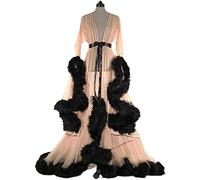 Sexy Women See-Through Feather Robe Long Sleeve Tulle Lingerie Robe Party Sleepwear with Ruffle Trim Mesh Sheer Lace Nightwear Kimono Dressing Gown with Feather Trim,Beige