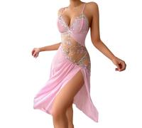 Sexy Women's Erotic Dressing Gown V Neck Lace Printed Patchwork Lingerie Chic and Elegant Sleeveless Pyjamas Charm Valentine's Day Slim Fit Midi Night Dress with G-Strings