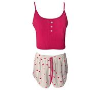 Sexy Women's Home Clothes In Europe And America In Summer With Heart Shaped Printed Camisoles Shorts And Casual Hole Strips That Can Be Worn Outside Europe And Ameri War Set (Hot Pink, XL)