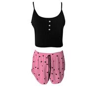 Sexy Women's Home Clothes In Europe And America In Summer With Heart Shaped Printed Camisoles Shorts And Casual Hole Strips That Can Be Worn Outside Europe And Ameri War Set (Black, L)