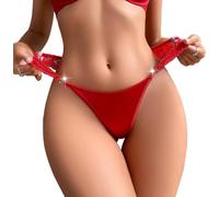 Sexy Women's Satin Lace Thong - Silky G-String Thongs Lace Hipster T Back Underwear Shiny Low-rise High Cut Tanga Briefs (S,Red)