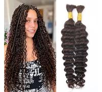 Sexycat Deep Curly Human Braiding Hair for Boho Braids 2 Bundles 18 Inch 100g，#4 Chocolate Brown Water Wave Bulk Human Hair for Micro Braiding Wet and Wavy Human Hair Extensions