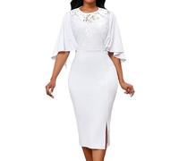 sexycherry Elegant Dresses for Women Wear to Work Long Sleeve Cocktail Business Knee Length Pencil Lace Dress, Lace/White, L