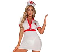 SEXYTINE Sexy Naughty Nightingale Nurse Costume Seductive Lingerie Set for Women with Hat dress thong for Cosplay Roleplay (White Red, Large)