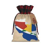 Seychelles Flag Map01 Print Christmas Party Gift Bags, Linen Drawstring Xmas Holiday Wedding Treat Candy Jewelry Sacks, Color Blocking Plaid Fabric