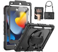 SEYMAC Case for iPad 9th/8th/7th Generation 2021/2020/2019 10.2 inch, Shockproof Case with Screen Protector, 360 Degree Rotating Stand/Hand Strap, Pen Holder for iPad 10.2 Inch, Black