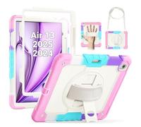 SEYMAC Case for iPad Air 13-inch 2025/2024 M3/ M2, Shockproof Heavy Duty Cover with Screen Protector/ 360 Degree Rotating Stand/Hand Strap/Pencil Holder/Shoulder Strap for iPad Air 13-inch, Pink