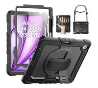 SEYMAC Case for iPad Air 13-inch 2026/2025/2024 M4/M3/M2, Shockproof Heavy Duty Cover with Screen Protector/ 360 Degree Rotating Stand/Hand Strap/Pencil Holder/Shoulder Strap for iPad Air 13, Black