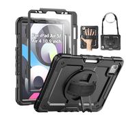 SEYMAC Case for iPad Air 5th/ 4th Generation 10.9 Inch, Full-Body Shockproof Protective Case with Screen Protector, Rotating Stand/Handle/Shoulder Strap/Pencil Holder for iPad Air 5/ Air 4, Black