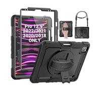 SEYMAC Case for iPad Pro 12.9 2022/2021/ 2020/2018, Heavy Duty Protection Shockproof Case with Screen Protector, 360° Rotating Stand/Handle/Shoulder Strap, Supports Pencil 2 Charging, Black