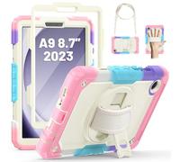 SEYMAC Case for Samsung Galaxy Tab A9 8.7 inch 2023, Shockproof Protective Galaxy A9 Tablet Case With Screen Protector/Hand Strap/Rotating Stand/Shoulder Strap, SM-X110/SM-X115/SM-X117 Case, Pink