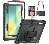 SEYMAC Case for Samsung Galaxy Tab S10 FE+ Plus 13.1 inch 2025 Case SM-X620 X626 X626B Shockproof with Pen Holder, Screen Protector, 360 Rotating Stand Hand Strap and Adjustable Shoulder Strap, Black