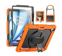 SEYMAC for iPad Air 13 Inch Case M3 2025/ M2 2024, Heavy Duty Shockproof Protective Case with Screen Protector, 360° Rotating Stand, Hand/Shoulder Strap and Pen Holder for iPad Air 13, Orange