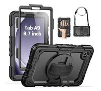 SEYMAC for Samsung Galaxy Tab A9 Case 8.7 Inch 2023 (SM-X110/X115/X117), Heavy Duty Shockproof Protective Case with Screen Protector, Rotating Stand, Hand/Shoulder Strap and Pen Holder, Black