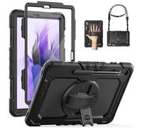SEYMAC for Samsung Galaxy Tab S7 FE/Tab S8 Plus/ S7 Plus Case 12.4'', Heavy Duty Full-Body Shockproof Protective Case with Screen Protector, Rotating Stand, Hand/Shoulder Strap and Pen Holder, Black