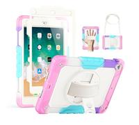 SEYMAC iPad 6th/5th Generation Case 9.7" for Kids, Full-Body Shockproof Heavy Duty Protective Case with Screen Protector, Rotating Stand/Hand/Shoulder Strap for iPad Air 2/ Pro 9.7, Colorful Pink