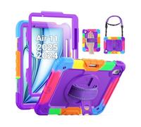 SEYMAC Kids Case for iPad Air 11 Inch M3 2025/M2 2024 (Air 7th/6th Generation), Heavy Duty Shockproof Protective Case with Screen Protector, Rotating Stand and Hand/Shoulder Strap, Colorful Purple