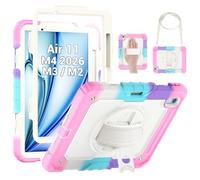 SEYMAC Kids Case for iPad Air 11-inch M4 2026/M3 2025/M2 2024 (Air 8th/7th/6th Generation), Shockproof Heavy Duty Case with Screen Protector, 360 Degree Rotating Stand/Hand Strap, Shoulder Strap, Pink